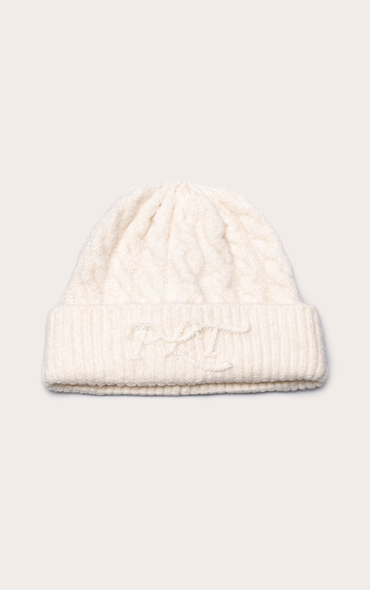 PrettyLittleThing Cream Cable Knit Beanie image 2