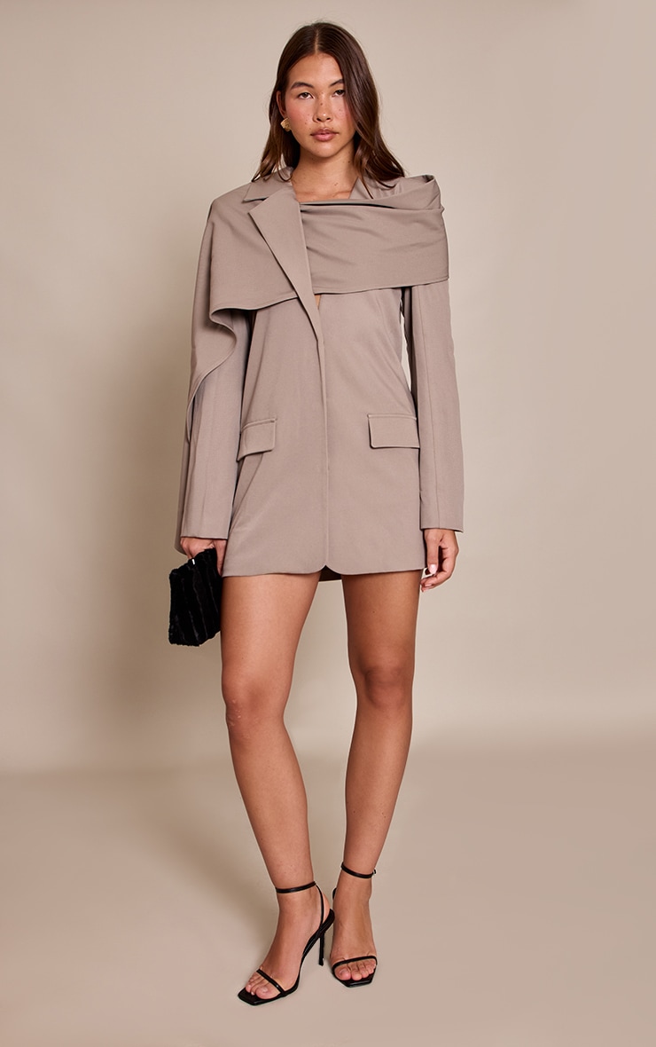 Grey Woven Scarf Detail Blazer Dress image 3