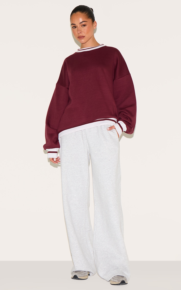 Burgundy Striped Ribbed Hem Oversized Sweatshirt image 3