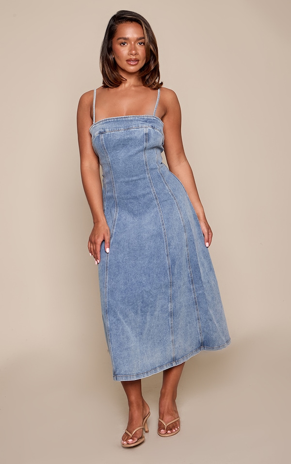 Shape Mid Blue Wash Stretch Denim Seam Detail Halterneck Midaxi Shift Dress