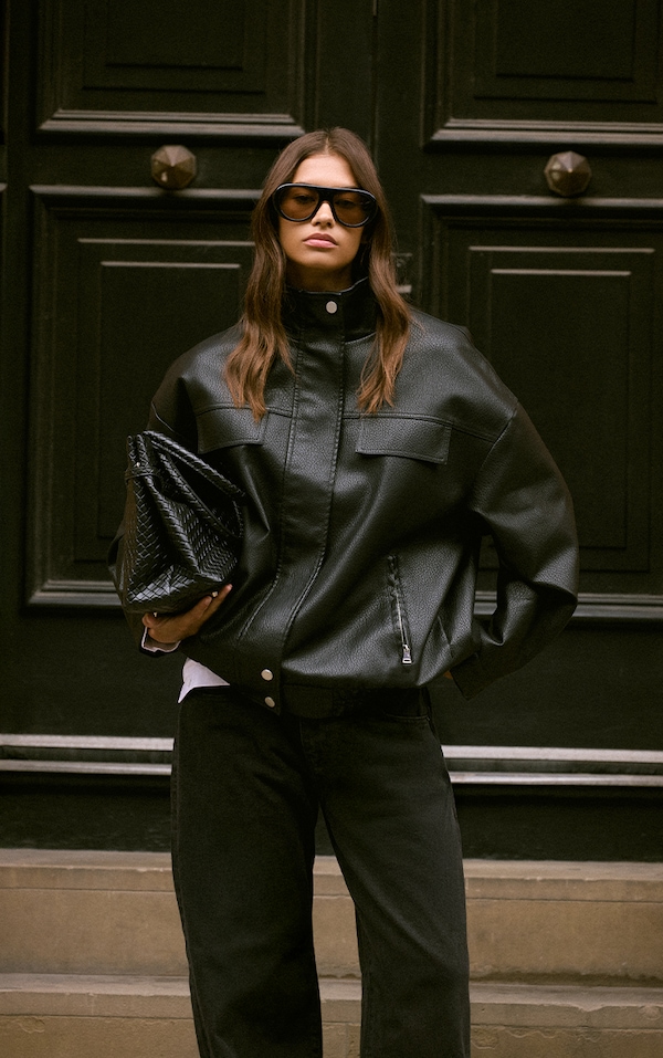 Black Funnel Neck Concealed Placket Faux Leather Jacket