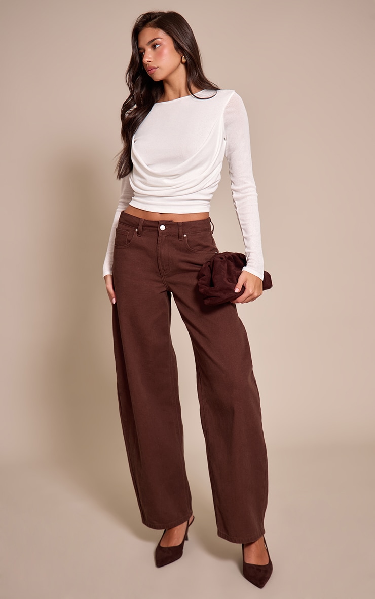 Cream Burnout Mesh Drape Detail Long Sleeve Top image 3