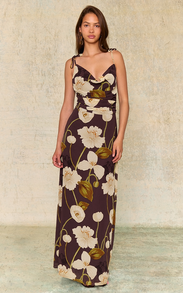 Chocolate Floral Chiffon Cowl Maxi Dress image 2