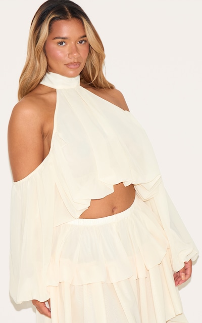 Shape Cream Chiffon High Neck Off Shoulder Blouse