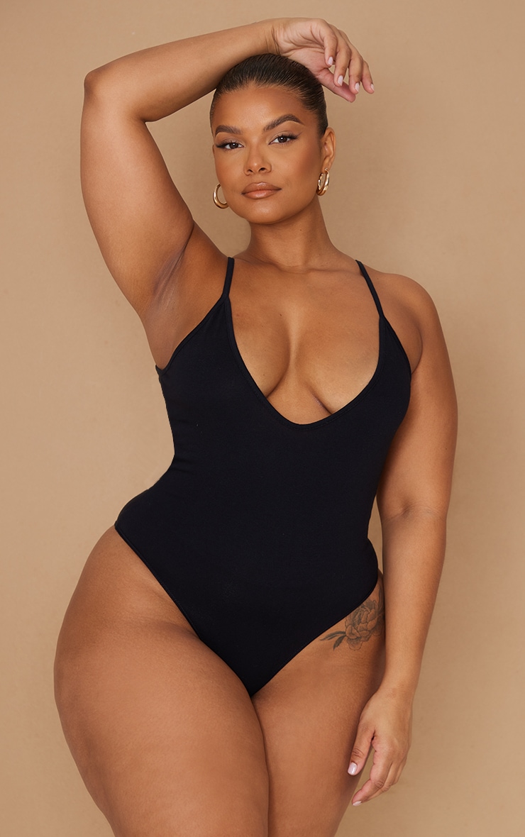 Plus Black Cotton Blend Strappy Plunge Bodysuit image 2