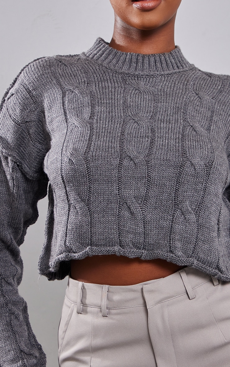 Charcoal Grey Cropped Cable Exposed Seam Knit Sweater image 3