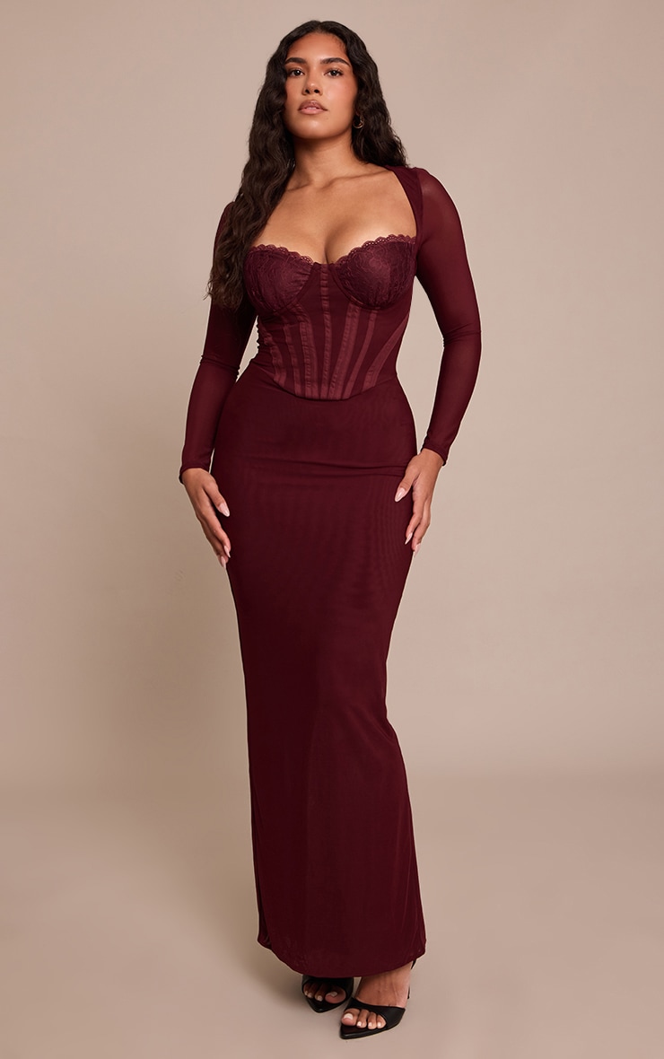 Shape Plum Mesh Lace Insert Corseted Maxi Dress image 1
