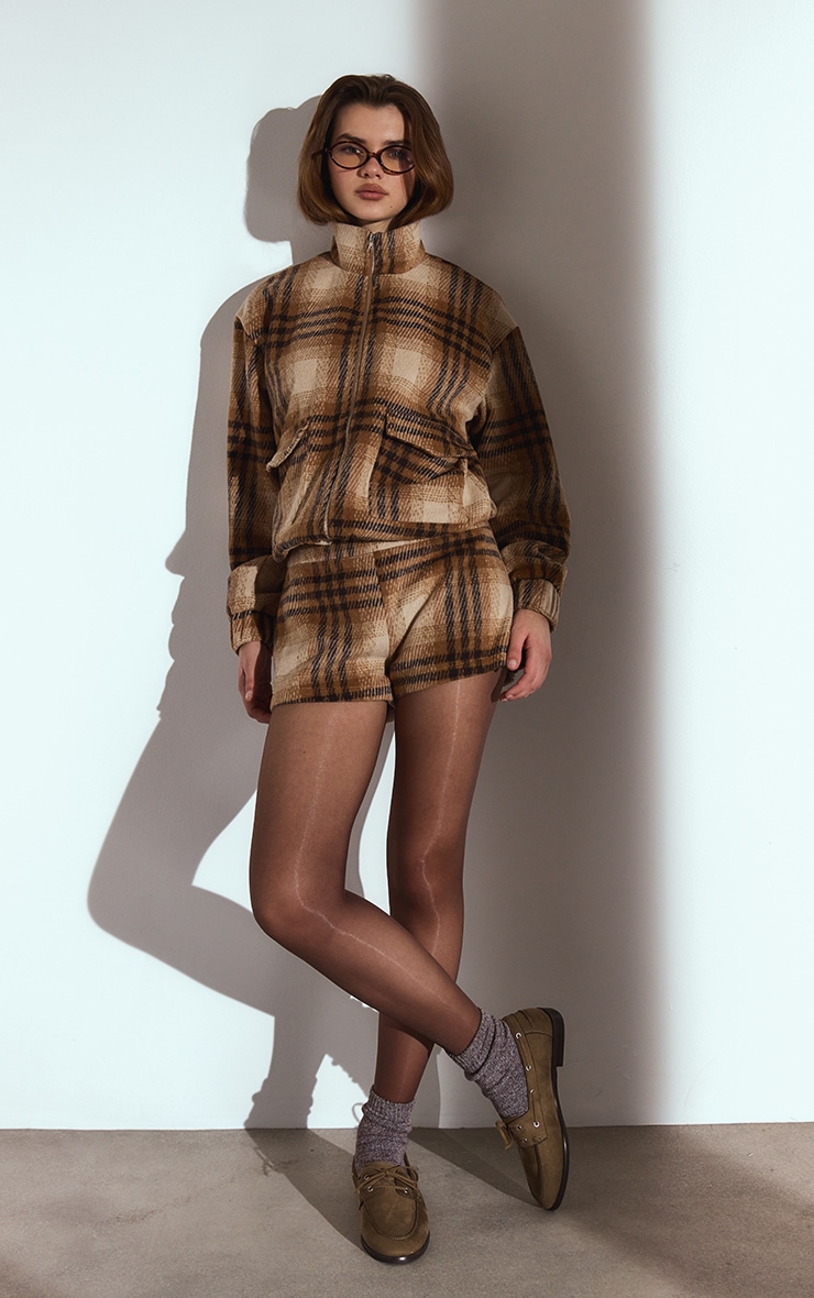 Brown Tartan Tailored Mini Shorts image 4