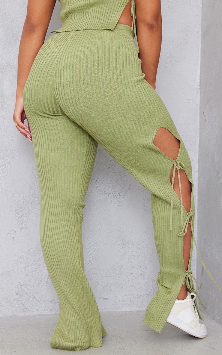 Shape Sage Green Knit Tie Side Flared Trousers image 3