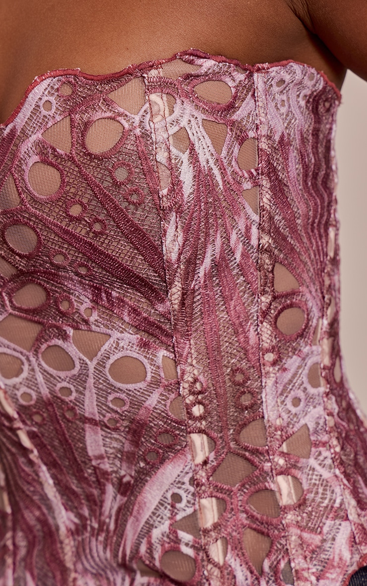 Brown Multi Print Textured Sheer Floral Lace Corset image 4