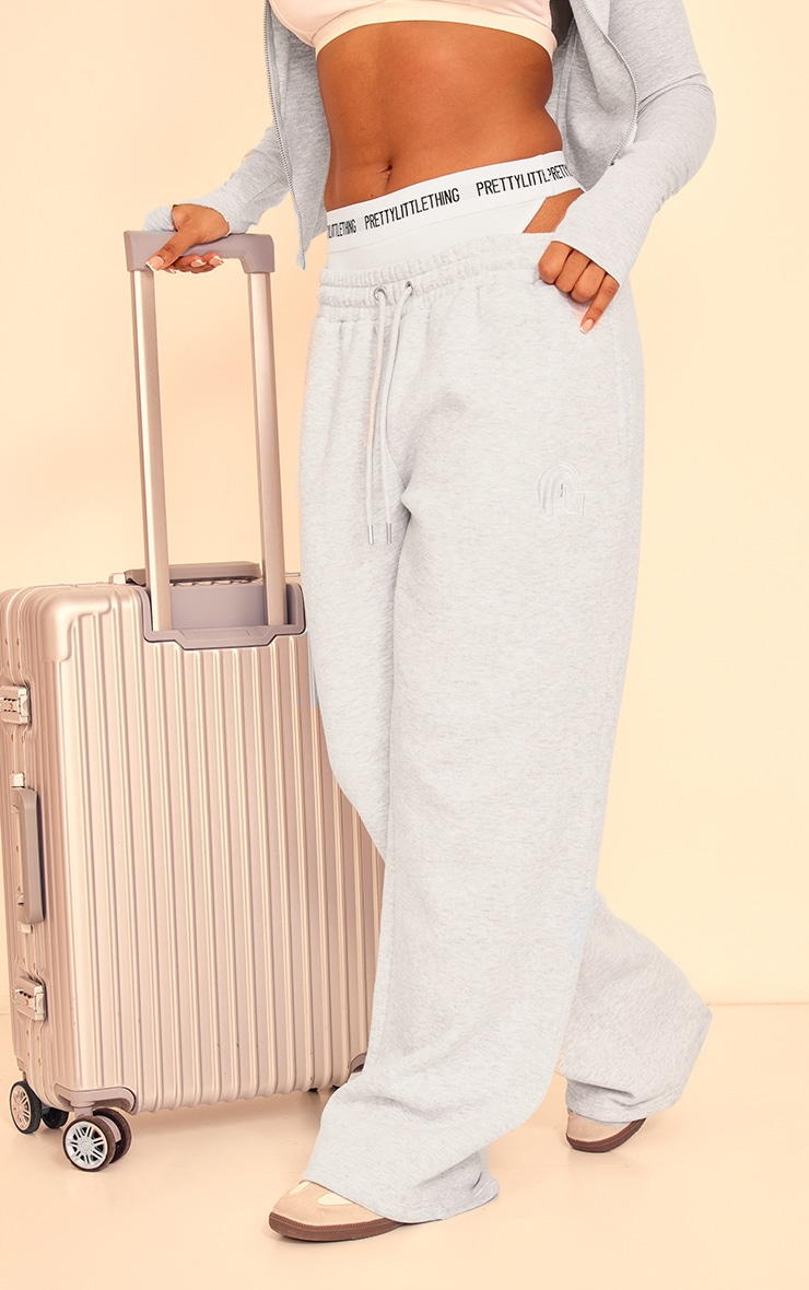PRETTYLITTLETHING Grey Marl Embroidered Graphic Wide Leg Sweatpants image 2