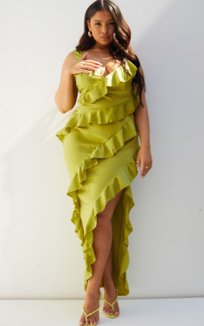 Plus Olive Satin Frill Layered Maxi Dress