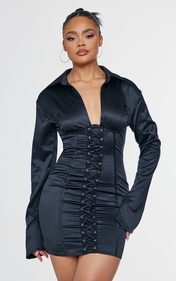 Black Satin Underwired Eyelet Lace Up Detail Shirt Dress image 1