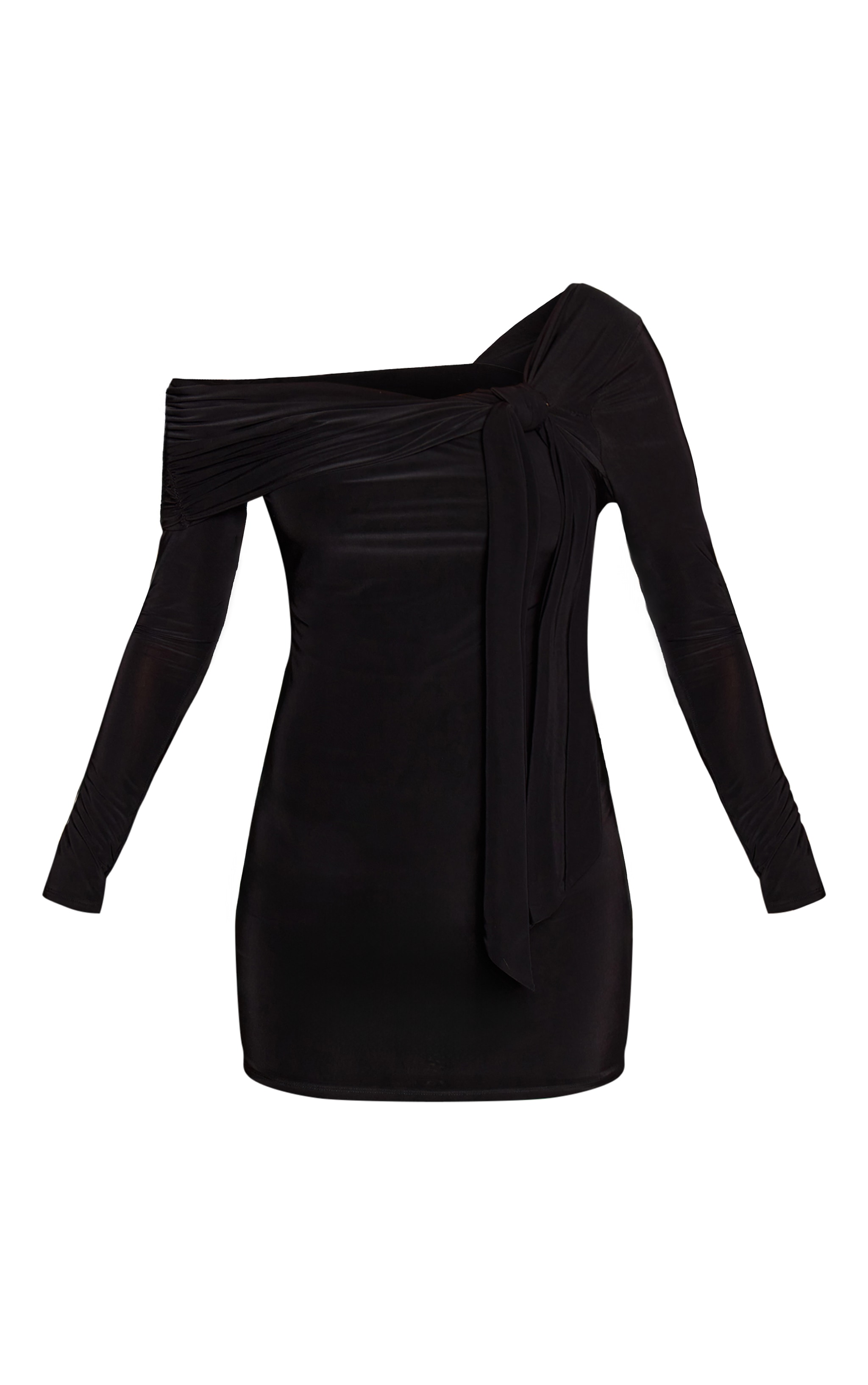 Black Double Layer Slinky Asymmetric Knot Detail Mini Dress image 5