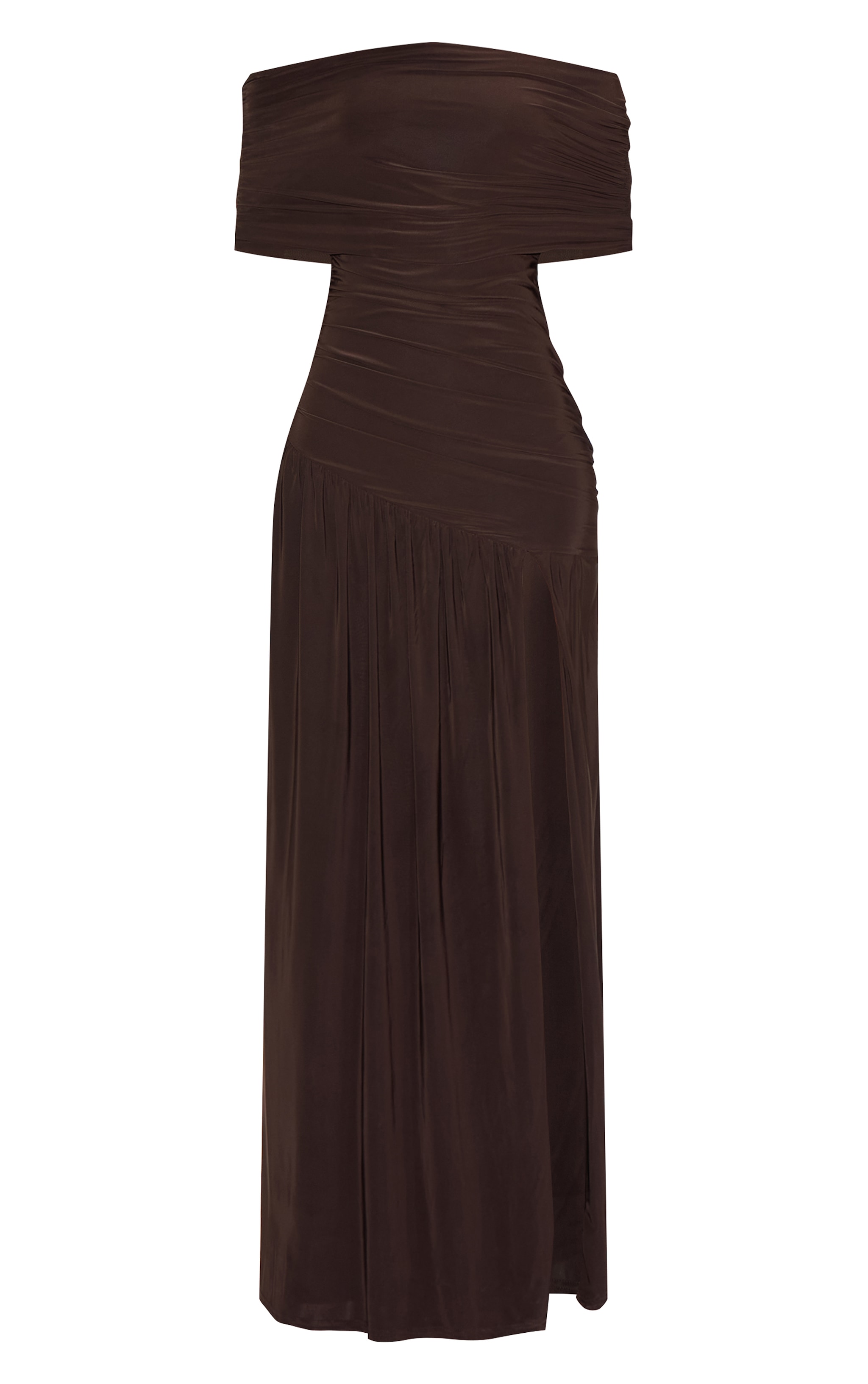 Chocolate Brown Double Layer Slinky Bardot One Shoulder Ruched Maxi Dress image 5