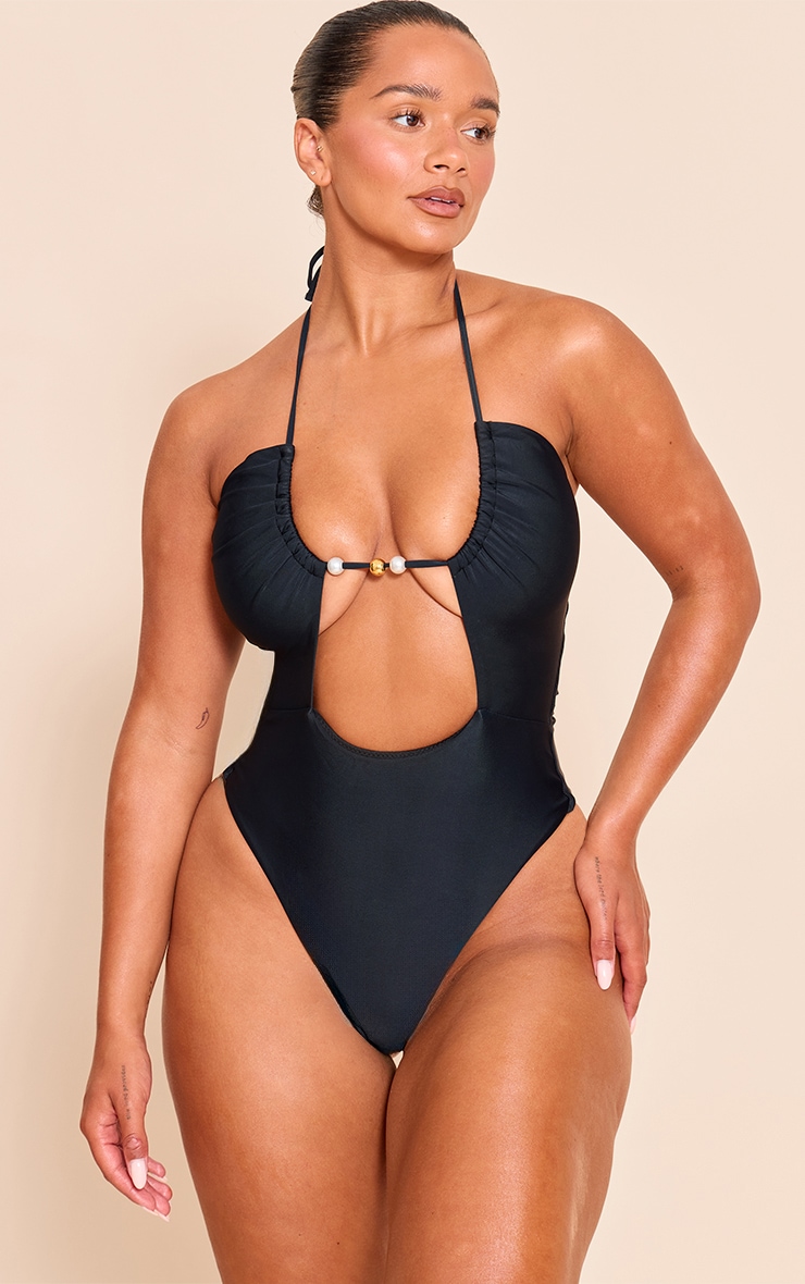Shape Black Beaded Halterneck Swimsuit image 3