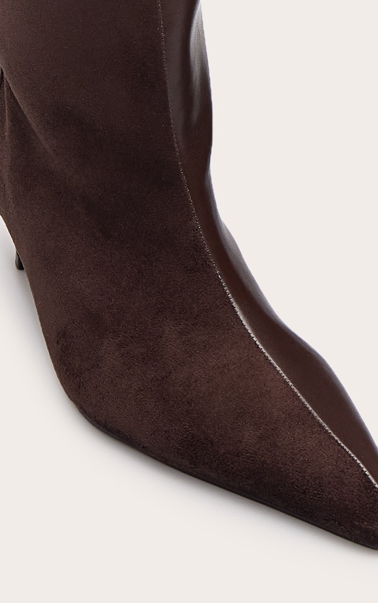 Chocolate PU Suede Contrast Heeled Knee High Boot image 5