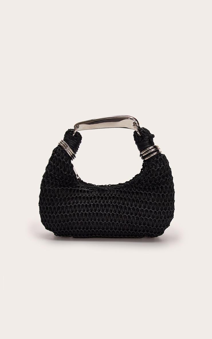 Silver Metal Handle Black Raffia Hand Bag image 2
