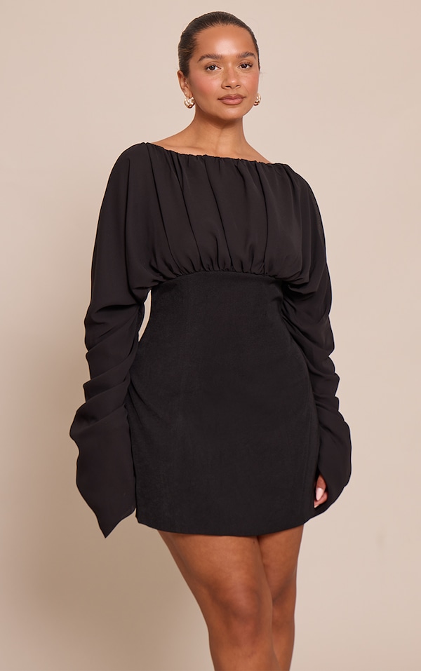 Shape Black Ruched Chiffon Boat Neck Mini Dress