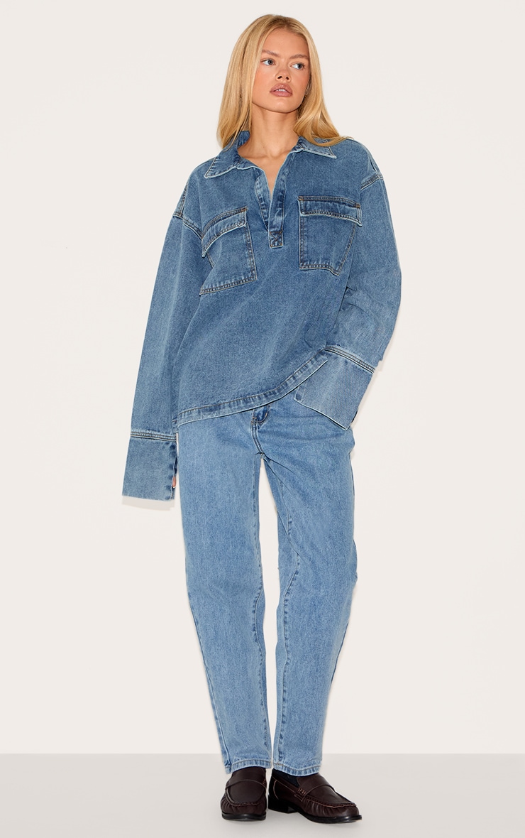 Vintage Blue Long Sleeve Slouchy Denim Rugby Shirt image 3