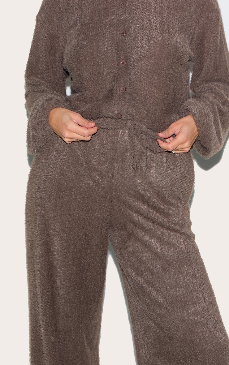 Brown Textured Wide Leg Drawstring Pants image 4