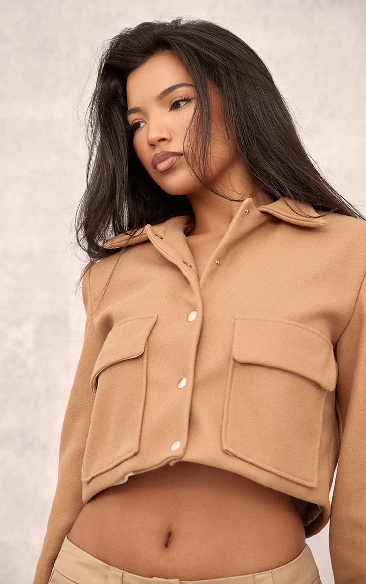 Camel Wool Look Structured Shoulder Boxy Crop Jacket image 1