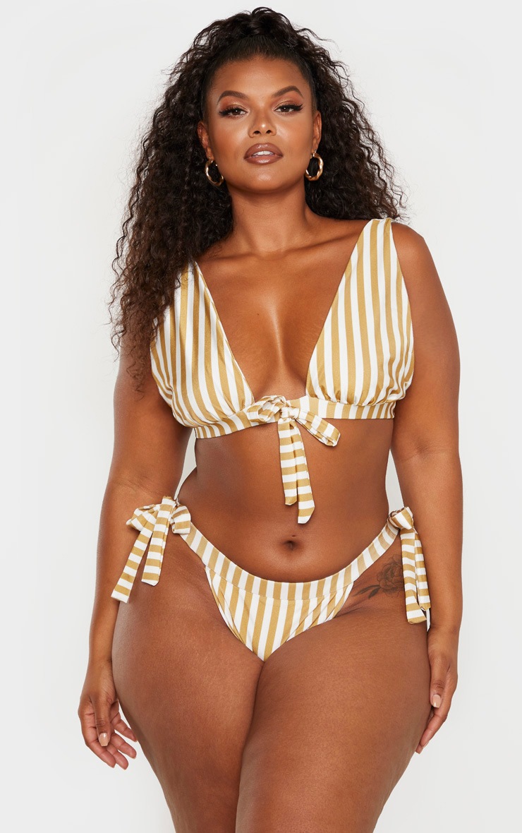 Plus Mustard Striped Bow Front Bikini Top