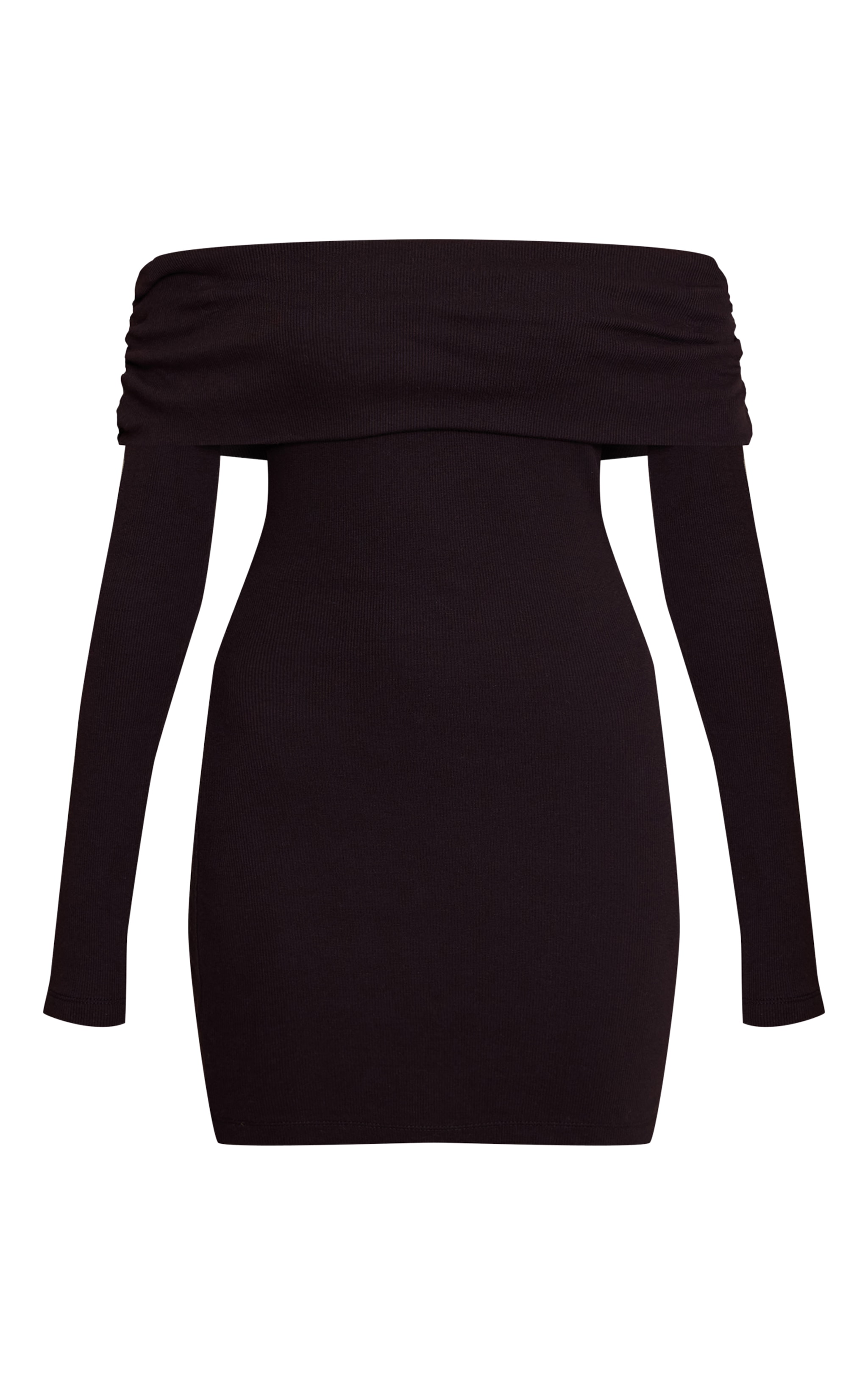 Black Ribbed Fold Over Bardot Long Sleeve Bodycon Dress image 5