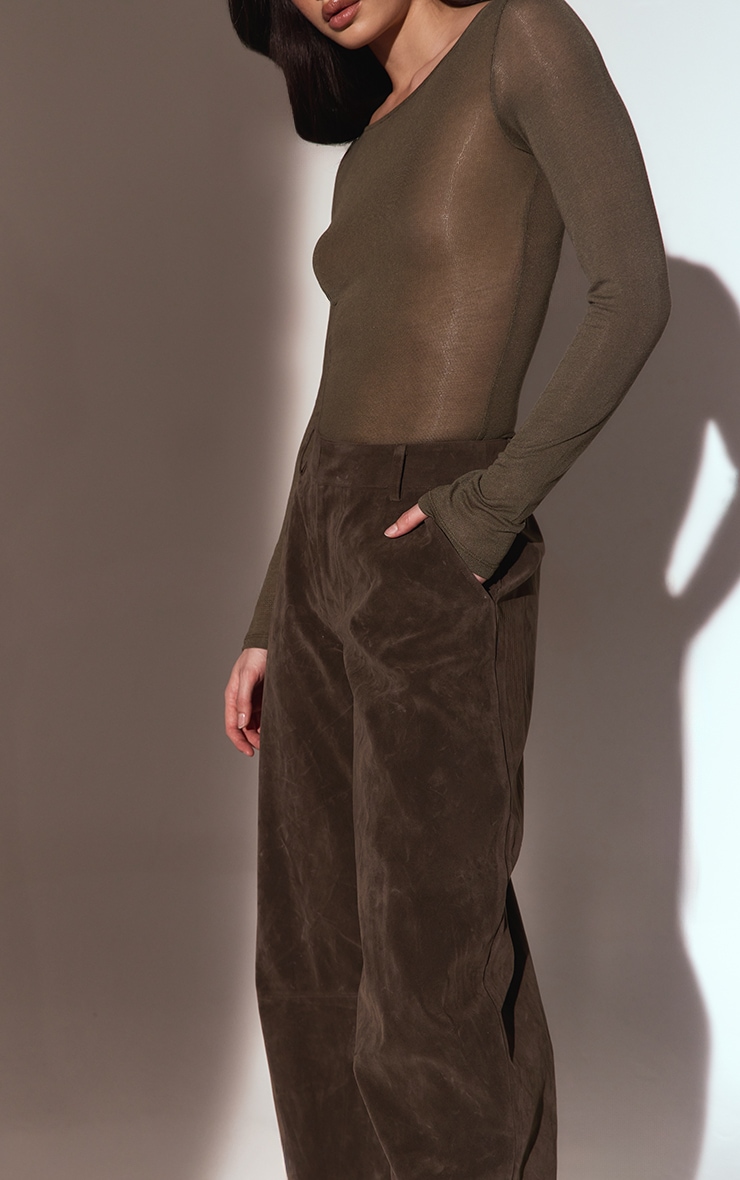 Dark Khaki Faux Suede Barrel Leg Trousers image 4