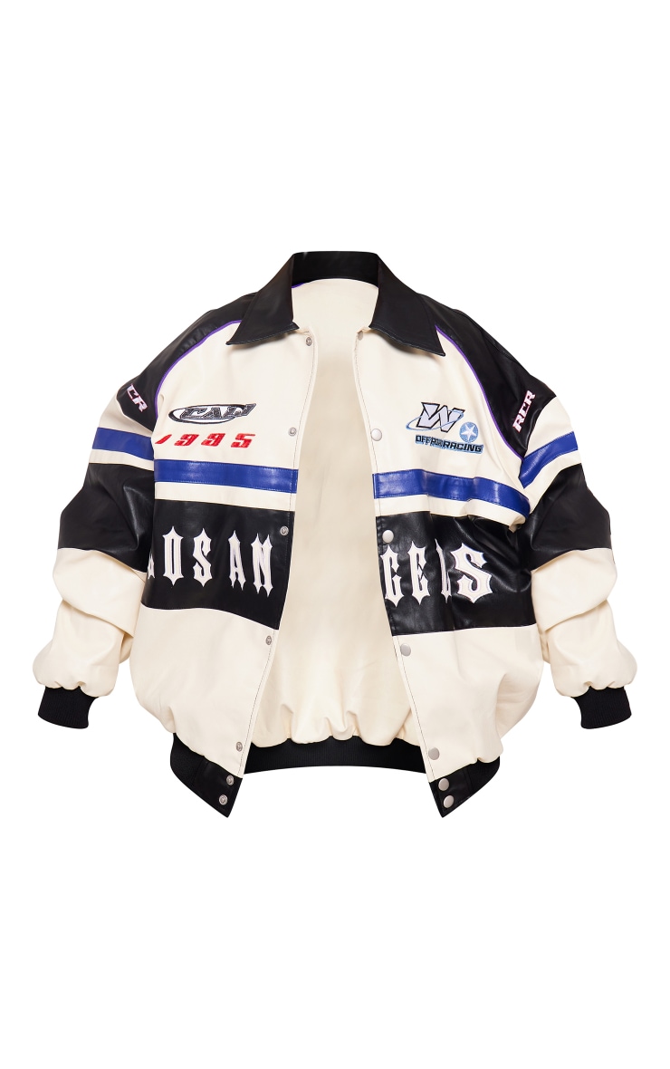 Cream Faux Leather Oversized Contrast Motorcross Bomber Jacket image 5