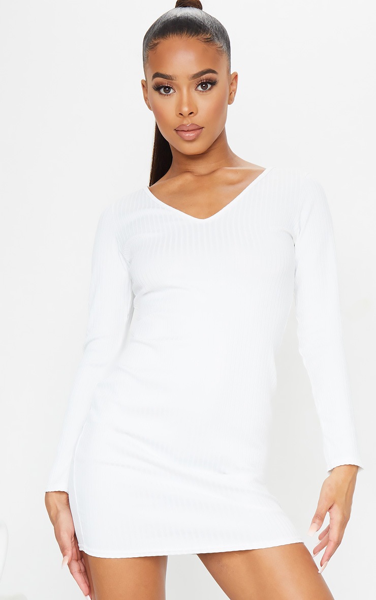 Cream Ribbed Plunge Long Sleeve Bodycon Dress