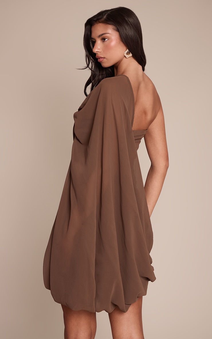 Chocolate Chiffon Ruched One Sleeve Mini Dress image 2