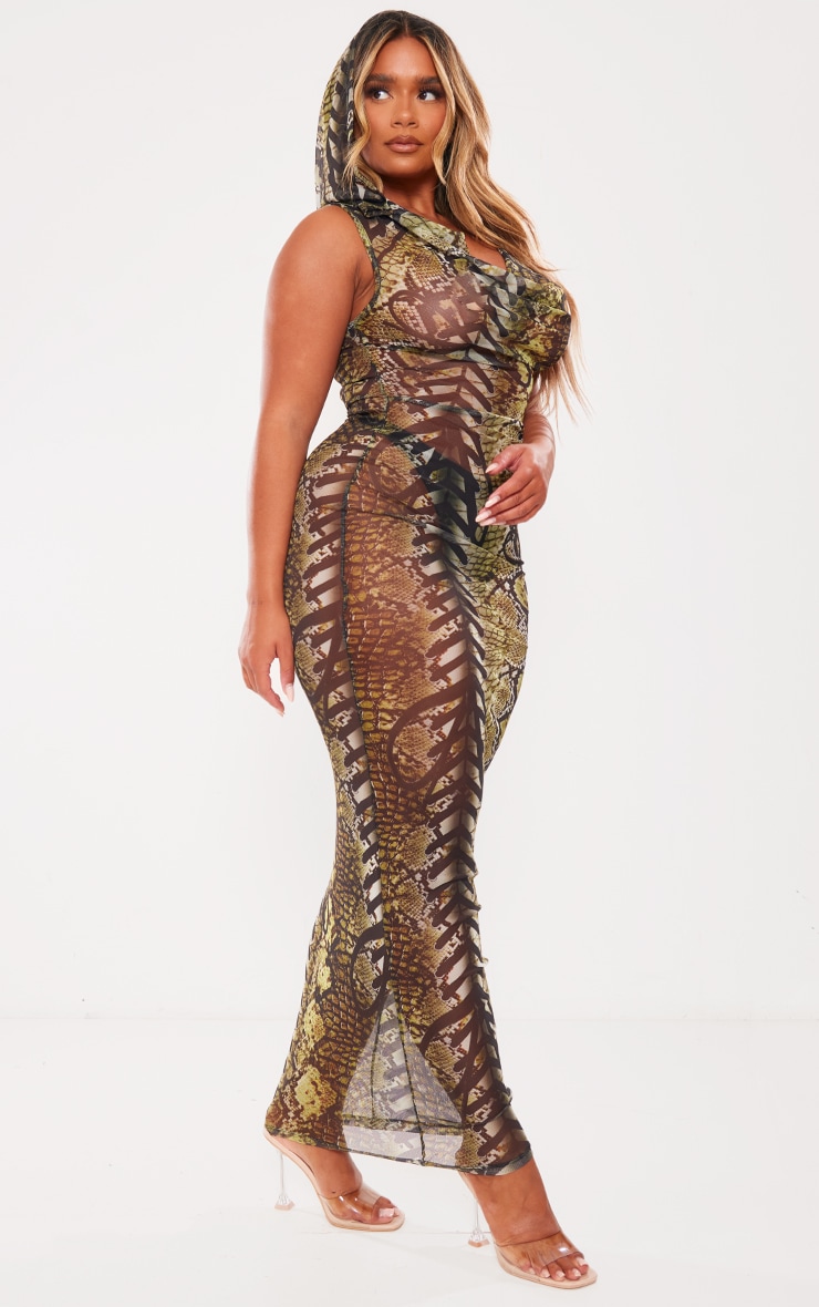  Shape Green Snake Printed Plunge Front Hooded Maxi Dress image 3