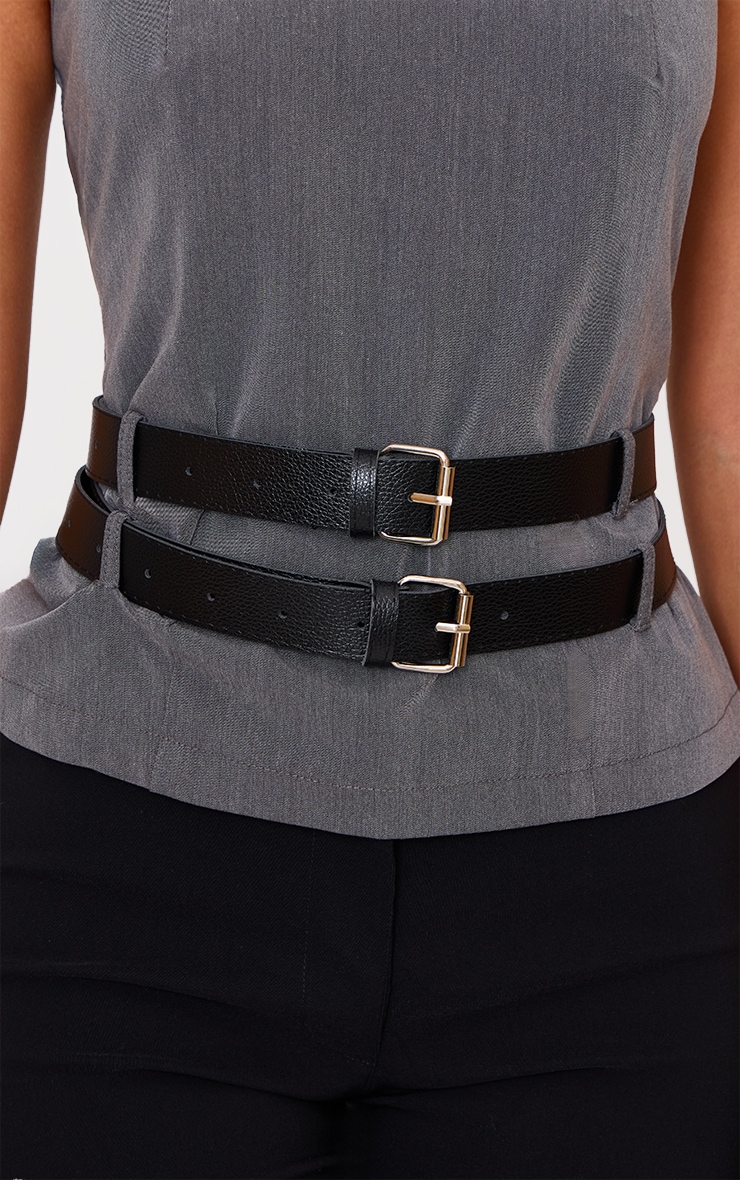 Petite Top ajusté gris anthracite à col carré et détail double ceinture image 4