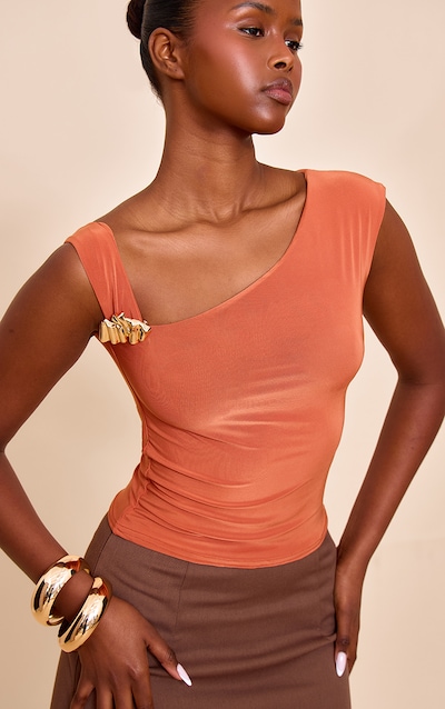 Burnt Orange Double Layer Slinky Trim Detail Asymmetric Top