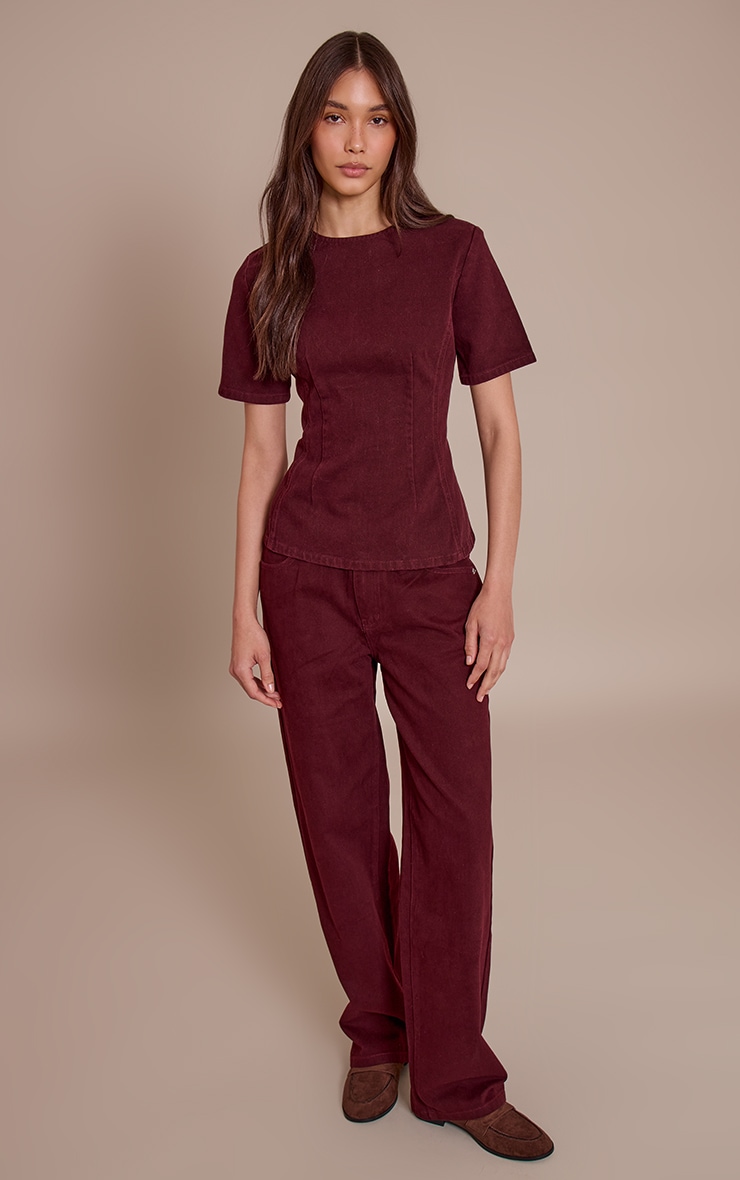 Dark Burgundy Cinched Waist Peplum Denim Top image 3