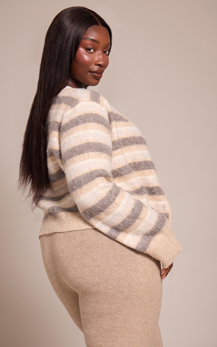 Plus Beige Striped Brushed V Neck Covered Button Knitted Cardigan image 2