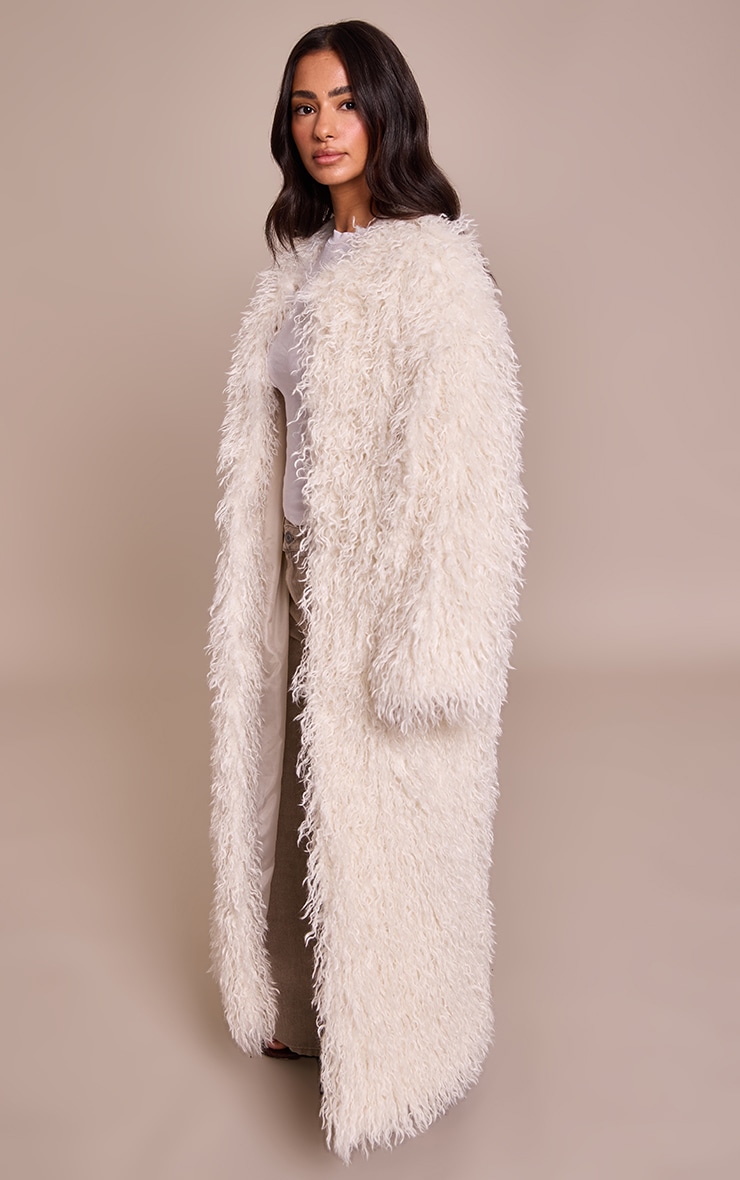 Petite Cream Faux Mongolian Fur Collarless Maxi Coat image 3