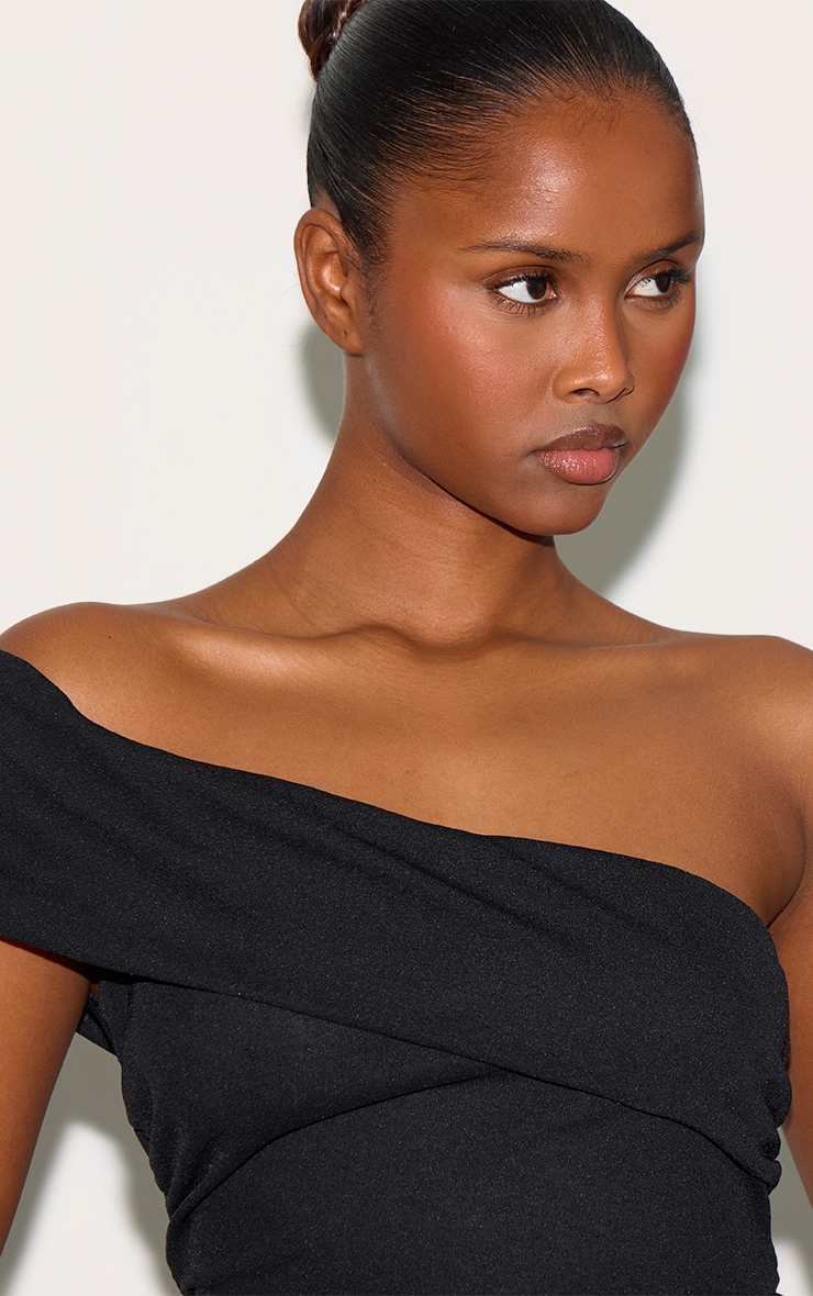 Black Onion Skin Ruched Side Asymmetric Top image 4