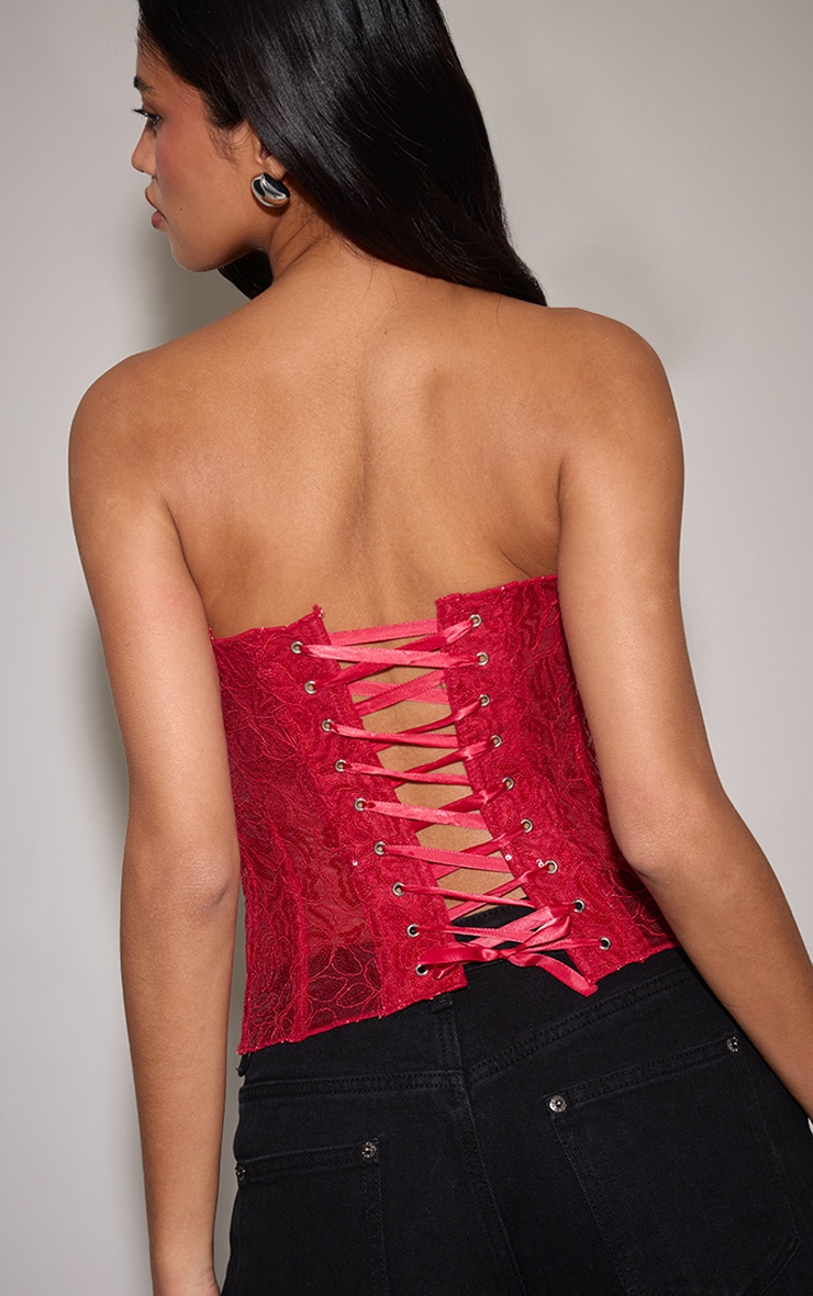 Red Textured Lace Sequin Corset image 2