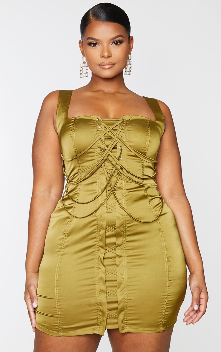 Plus Olive Satin Lace Up Bodycon Dress