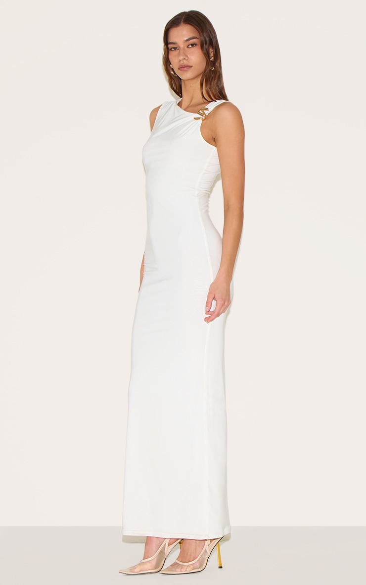 Robe longue asymétrique moulante doublée blanche à empiècement image 3