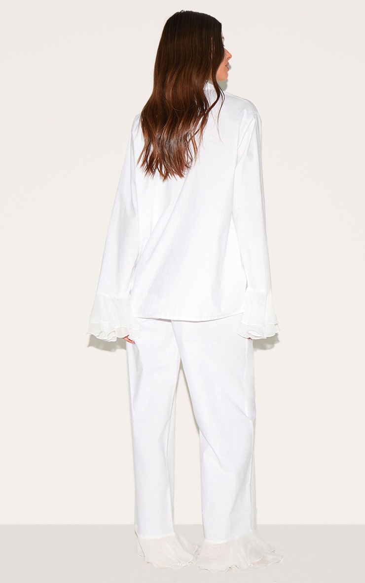White Frilled Hem Cotton Long Pj Set image 2