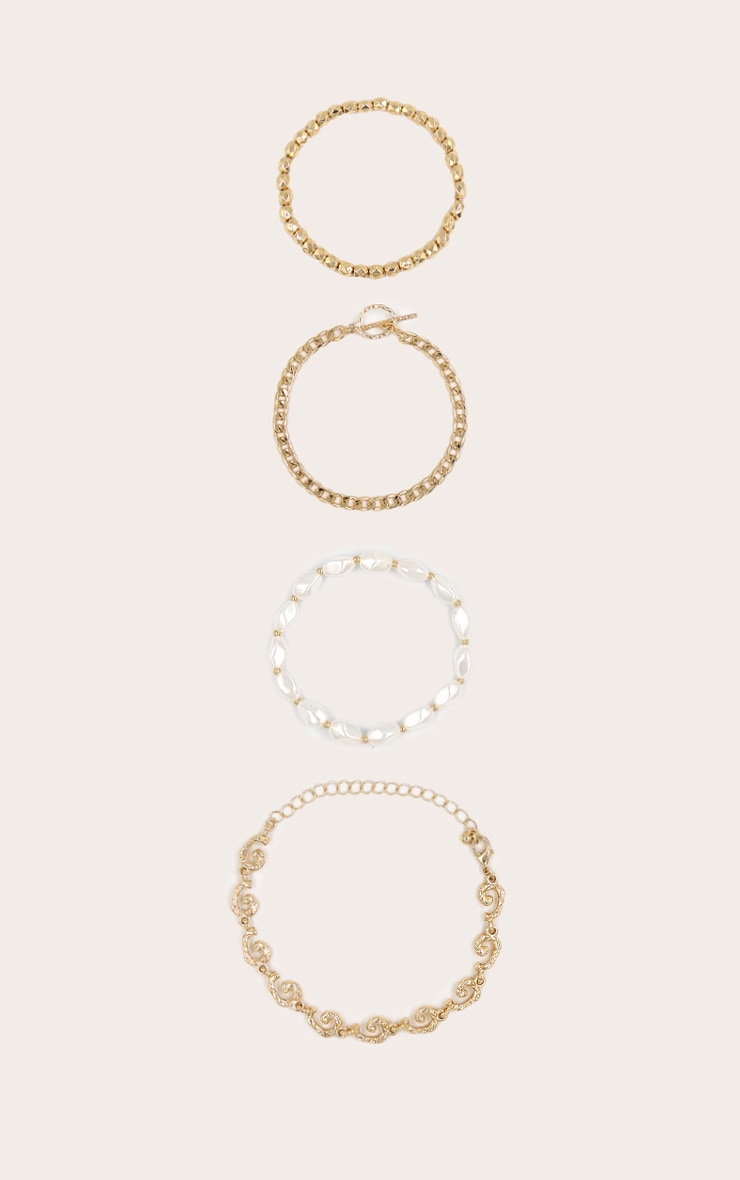 Gold Textured Layered Bracelet With Pearl Detail image 2