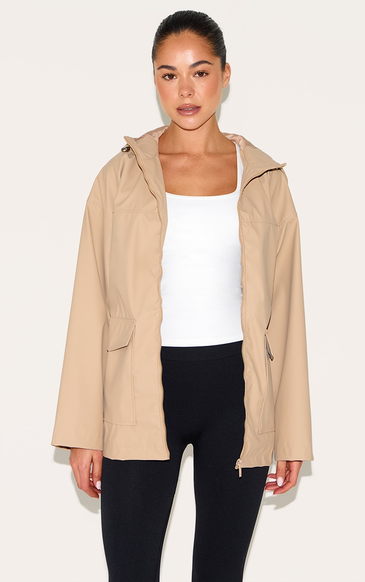 Veste caoutchoutée beige à zip et capuche, Beige