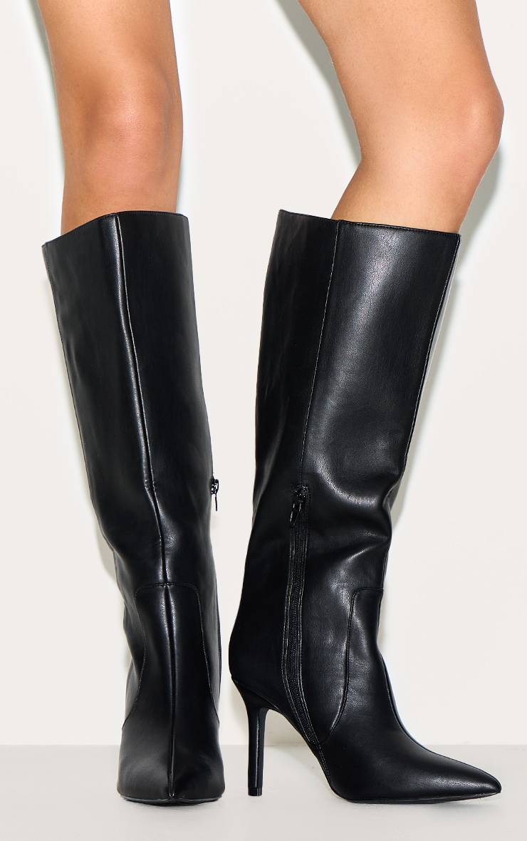 Black PU Wide Fit Point Toe Knee High Boots image 5