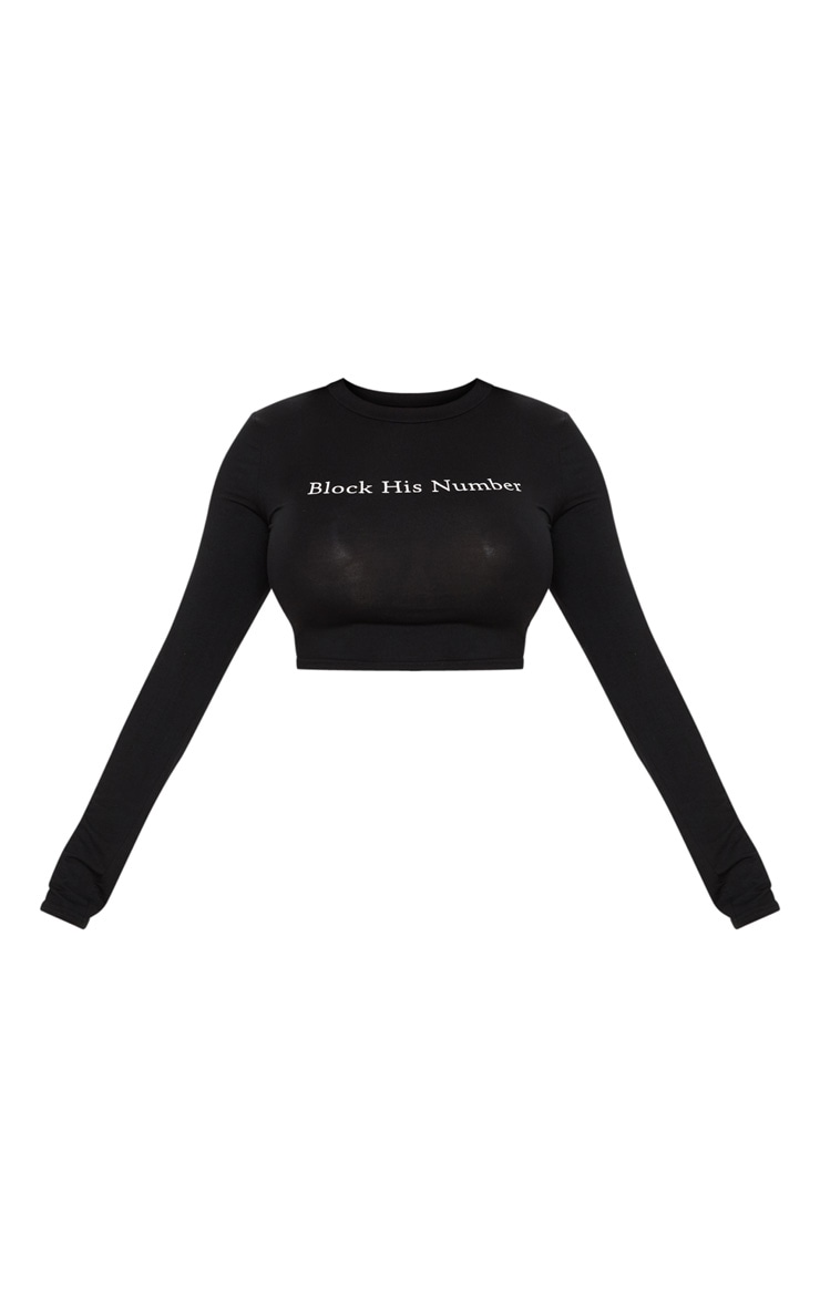 Black Block His Number Slogan Long Sleeve Crop Top image 3