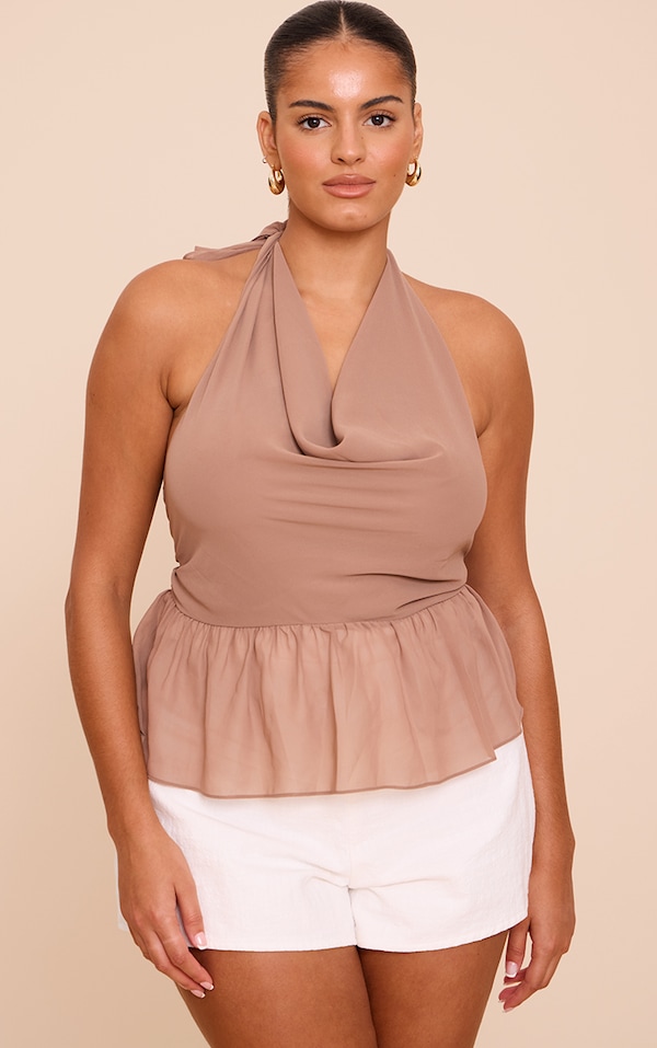 Plus Mocha Chiffon Cowl Peplum Hem Halterneck Top