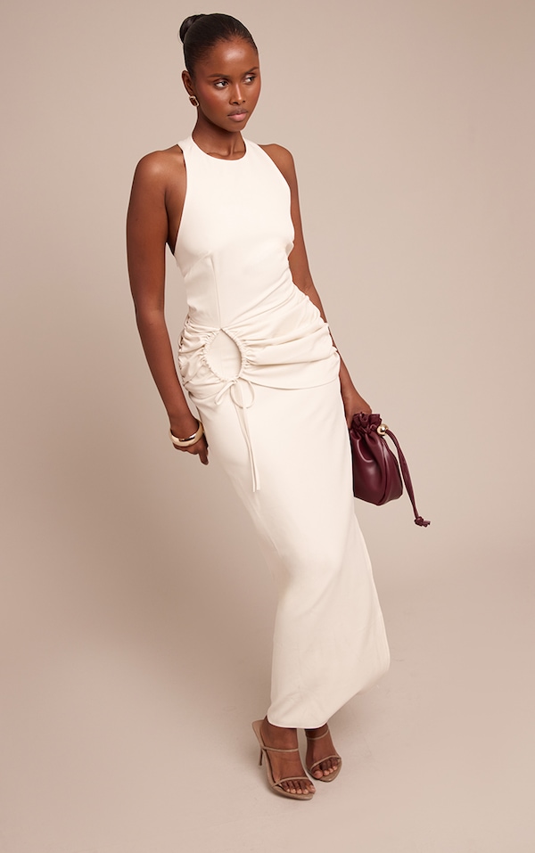 Cream Racer Ruched Maxi Dress