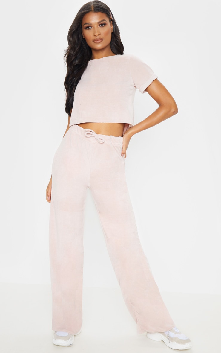 Rose Pink Velour High Waisted Wide Leg Pants